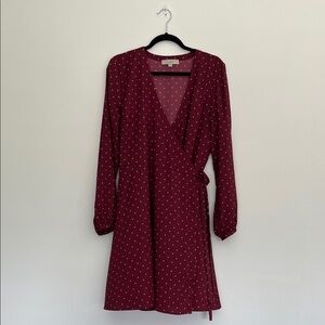 LOFT burgundy star print long sleeved wrap dress, size 14